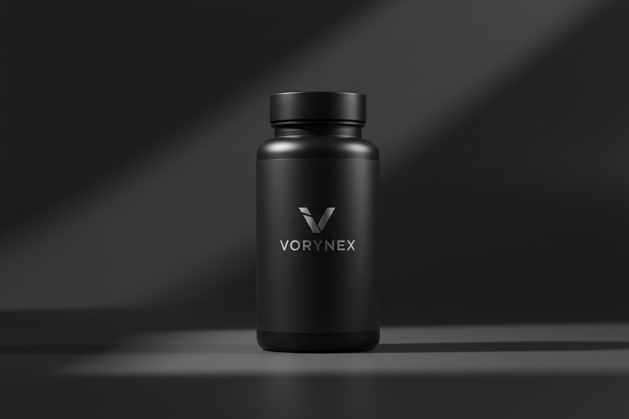 High-end editorial product photography of a premium sports supplement bottle.
Matte black bottle with a minimal label featuring the VORYNEX brand name or logo.
No other brand names, no placeholder text.
Luxury, cinematic lighting, dark neutral background, refined and intentional aesthetic.
Designed for a premium performance nutrition brand.
