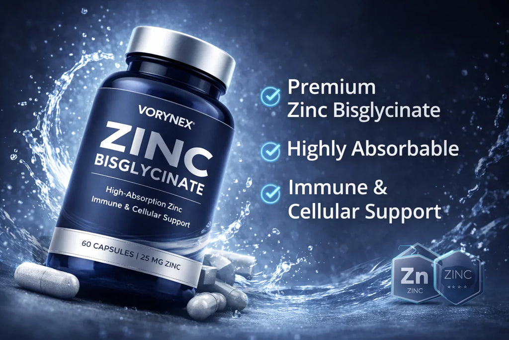 VORYNEX Zinc Bisglycinate 25 mg bottle with water splash background